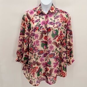FIFILLES Paris Floral Button Front Blouse Vibrant Print Lightweight Top One Size
